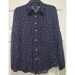 Lauren Ralph Lauren WMNS SM Bib Front Silk Button Blouse Long Sleeve Blue Sheer